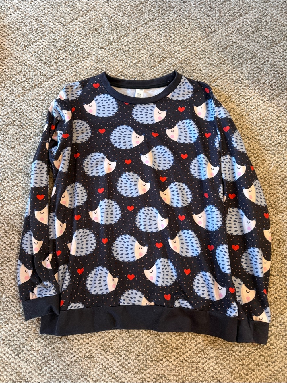 Long Sleeve Navy Hedgehog Print Top with Hearts